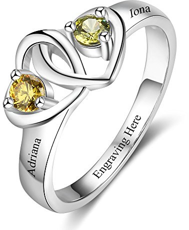 Gaosh Damen Herzform Ring Personalisiert mit 2 Geburtsmonat Zirkonia Stein Geburtsstein & Gravur 2 Namen 925 Sterling Silber Geschenk für Valentine Jahrestag Geburtstag Geschenkbox (54 (17.2))