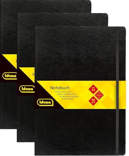 Idena 209280 - Notizbuch DIN A4, 192 Seiten, 80 g/m², kariert, schwarz (Schwarz, DIN A4 | 3 Stück)