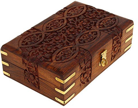 Ajuny Boîte à Bijoux Décorative en Bois Fabriquée à la Main Motif de Sculpture Florale Coffre au Trésor Polyvalent Organisateur de Rangement Pour Colliers Boîtes de Montres Cadeaux 8x5 pouces