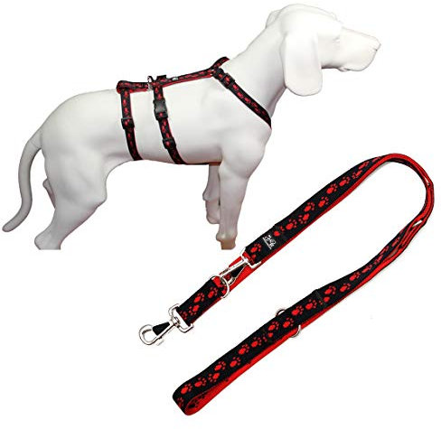 A. Hoffmann GmbH NoExit Hundegeschirr® - ausbruchssicher, Panikgeschirr, schwarz mit roten Pfötchen, Bauchumfang 75-100 cm, 25 mm Bandbreite, inkl. mit passender Führleine