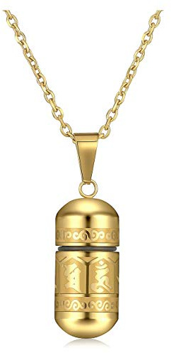 PiercingJak Collier Urne pour Cendres Bouddhiste Mantra Om Acier Inoxydable | Unisexe Collier Flacon Bouteille Tube Recipient Ouvrir Porte Cendres Gravé Bouddhiste Mantra Souvenir Funéraire Crémation