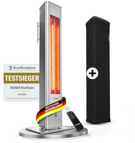 VASNER HeatTower Wärmestrahler (+ Aircape) - Infrarot Standheizstrahler 2500 Watt - Heizstrahler Terrasse elektrisch 4 Stufen - Elektro Heizstrahler Outdoor - Terrassenstrahler Infrarot Fernbedienung