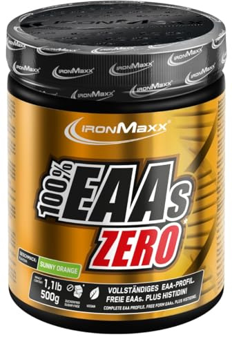 IronMaxx 100% EAAs Cero - Naranja Soleado bote de 500g | polvo de EAA, vegano y sin azúcares con todos los 8 aminoácidos esenciales | sabor afrutado, sin conservantes