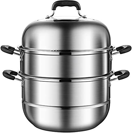 AIZYR Vaporiera Multistrato in Acciaio Inossidabile 304 - Pentola per Pentole A Vapore per Impieghi Gravosi con Coperchio in Vetro Temperato per Forno A Gas, Elettrico, Induzione, Stufa
