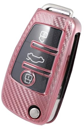 HIBEYO Autoschlüssel Hülle passt für Audi Schutzhülle Schlüsselhülle Cover TPU für Audi A1 A3 A4 A6 Q3 Q5 Q7 S3 R8 TT Schlüsselbox Schlüsselanhänger Fernbedienung Klapp 3 Tasten(Rosa-Kohlefaser)