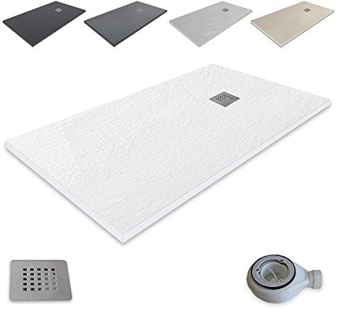 Piatto doccia in resina extra piatta outletaseo – tutte le misure disponibili – antiscivolo texture lavagna, con valvola di scarico+griglia (120 x 70, bianco RAL 9003)