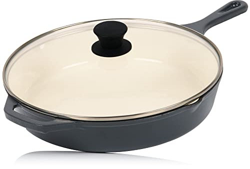 Mahlzeit Poêle en fonte émaillée avec couvercle - Diamètre : 29,5 cm - Blue Berry - Poêle à frire avec deux becs - Couvercle - Poêle universelle, poêle en fonte, poêle avec couvercle