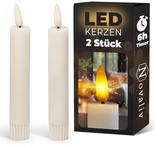 Novaliv LED Stabkerze 2er Indoor mit Timer Funktion - 6 Stunden - Weiß - 12,5cm Höhe für 2,2cm Durchmesser / 2 AAA Batterien notwendig - Stabkerze LED bewegliche Flamme