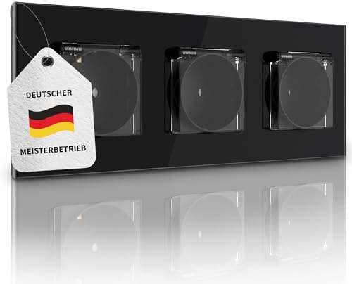 PULSAR Unterputz-Steckdose mit Deckel 3-Fach Schwarz Glas, Klappdeckel | Steckdose mit Deckel Unterputz Schwarz 3-Fach Glas, Wandsteckdose 230 V / 16 A für Feuchträume, Steckdose mit Klappe