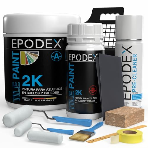 EPODEX Pintura para azulejos 2K con accesorios - Marfil - Pastel | Pintura azulejos baño, cocina y más, Resistente al agua y abrasión, Apta para suelos y paredes - 1,8kg (7m² con 2 capas)