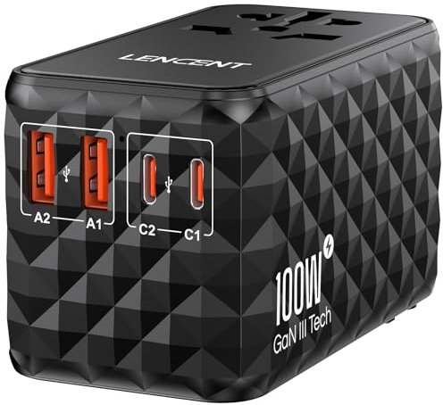 LENCENT Adaptateur de Voyage International 100W avec 2 USB-A et 2 USB-C, Charge Rapide pour Téléphones Ordinateurs Portables, Adaptateur de Prise Tout-en-Un de Type A/C/G/I, USA/UK/EU/AUS, Noir