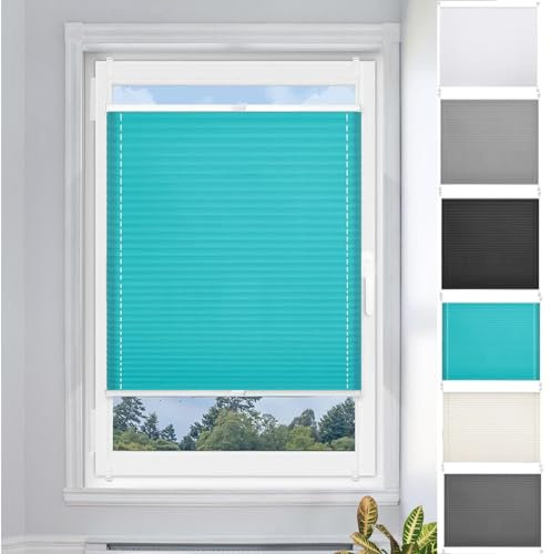 Faltrollo Klemmfix 85 x 120 cm Blickdicht - Sichtschutz - Sonnenschutz Plissee Zum Kleben inkl. Zubehör für Schlafzimmer, Blau