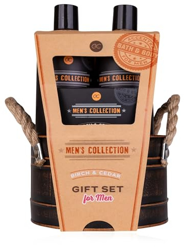 Accentra Set regalo per uomini MEN'S COLLECTION in secchio di latta, con gel doccia da 300 ml, shampoo da 300 ml, sapone da 100 g, spugna da 15 g, fragranza: betulla e cedro – marrone