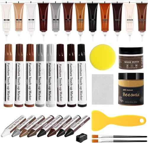DEWEL Laminat Reparaturset Holzmöbel Reparaturset 12 Farben Kleine Farbe,Holzkitt Bienenwachs Möbelausbesserungsmarker Kit,mit Holzkreiden,für Flecken, Kratzer, Risse, Löcher