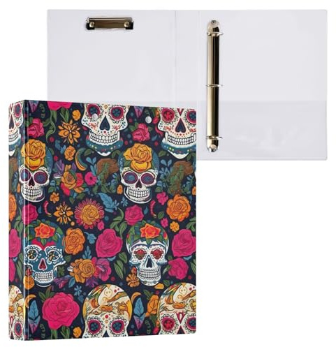 Raccoglitore decorativo a tre anelli da 3,8 cm, 3 anelli, con clip in metallo antiscivolo, per scuola, ufficio, casa, colorato teschi messicani, confezione da 1