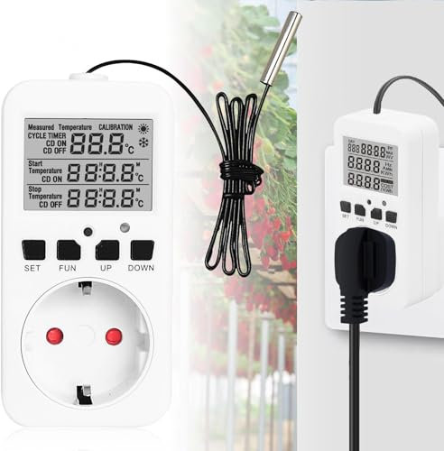 Temperaturregler, 230v Thermostat Steckdose mit Fühler, Elektronisches Thermostat mit Zeitschaltuhr, Digitaler Temperaturregler für Gewächshaus,Aquarium,Terrarium Reptilien