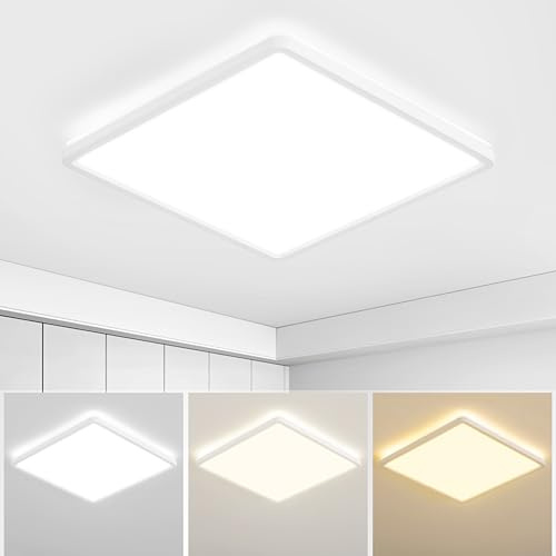 MOONSEA 24W LED Deckenleuchte Flach 3 Farben Deckenlampe Quadrat 30cm | 3000K/4000K/6500K Deckenlampe LED, Ultra Dünn Deckenleuchte Eckig Weiß für Badezimmer Flur Küche Balkon Keller