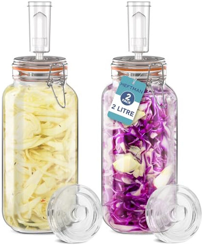 HEFTMAN Fermenting Jar 2 Pack with Airlock - 2L for Safe Fermentation for Kefir, Kimchi, Sauerkraut, Sourdough Starter - Silicone Lids & Fermentation Weights - Fermentation Jars 2 Pack (Full Set)
