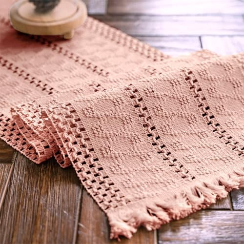 Weldomcor Makramee Tischläufer Rosa Boho Tischläufer mit Quasten Handgewebter Baumwolltischbezug Rustikale Bauernhaus Tischdekoration für Böhmische Küche Esstisch 30 x 180 cm