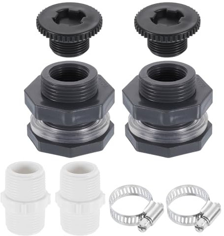 sourcing map Juego de 2 accesorios de mamparo con enchufe, conector de tanque de agua de 3/4 pulgadas GHT con adaptador de manguera de jardín para acuarios de tanque de agua, color gris