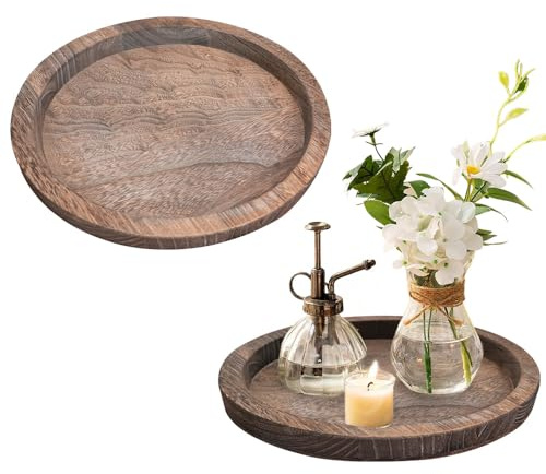 Mulaibdin 2 Stück Deko Tablett, Holztablett Rund Deko, Vintage Dekotablett Holz, Kerzenteller Stumpenkerzen, Serviertablett für Tischdeko & Couchtisch Deko, Dekoration Wohnzimmer (Braun)