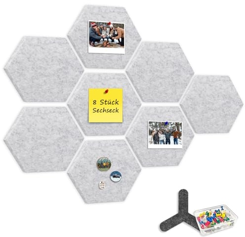 CUHIOY Sechseckige Filz Pinnwand, 8 Stück (19x22cm), weiß grau | Moderne Pinnwand für DIY-Layouts. 12mm Filz-Waben schützen Wände. Inkl. 80 Pins für Fotos im Büro & Kinderzimmer