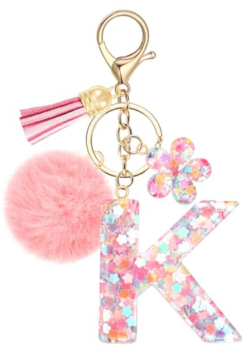 JSRQT Niedlicher Rosa Schlüsselanhänger Buchstaben, Namens Alphabet Harz Schlüsselanhänger Blumen Pailletten mit Pompons, Taschenanhänger Key Chain