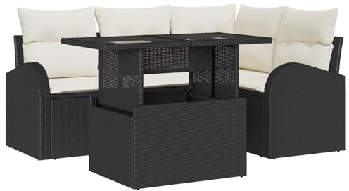 vidaXL 5-delat trädgårdsoffasats med kuddar svart poly rattan