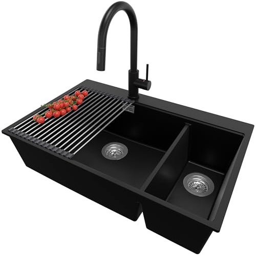 PRIMAGRAN Lavandino da Cucina al Mobile 80cm + Rubinetto, 78x50cm | Set: Rubinetto BW9010 + Kit di scarico + Scolapasta avvolgibile + Lavello in Granito a 2 vasche - Oslo Duo Top, Nero