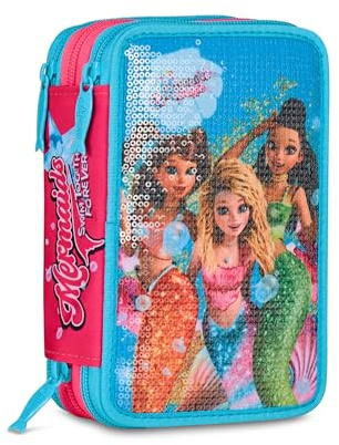 Seven Mermaid Magic Federmäppchen für die Schule mit 3 Reißverschlüssen, hellblau, dreifach Fach mit Stiften, Bleistiften, Farben, Grundschule, Mädchen, himmelblau, Modern