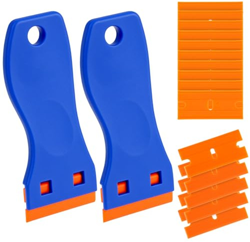 QWORK® Set di raschietti in plastica - 2 pezzi con 100 lame senza graffi, ideale per rimuovere adesivi, pulire piani cottura e dettagli per auto.