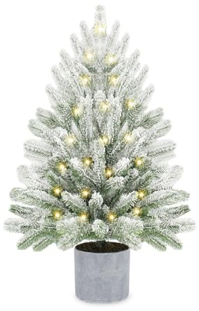 Kleiner Weihnachtsbaum 60 cm, 100 % Spritzguss Mini Schneespray Künstlicher Weihnachtsbaum mit Beleuchtung 60 LEDs Christbaum Künstlich mit 240 Spitzen Inklusive Timer und Sockel für Weihnachtsdeko
