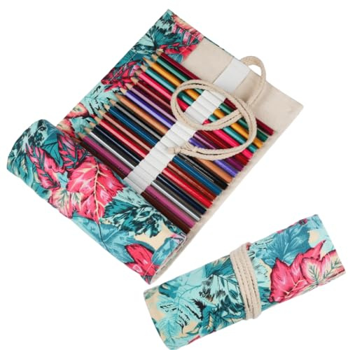 Pencil Pouch Rose Palm Leaf Maple Leaf Plant Pattern Canvas Pen Curtain Sketch Multi-Size Roll Pen Bag-Maple Leaf-108 Holes