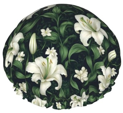Bonnets de douche réutilisables à double couche avec bande élastique pour cheveux longs pour femme - Motif feuilles de lys blancs