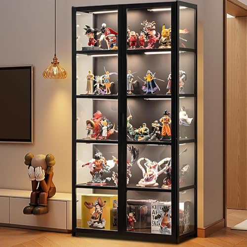 llekondkf Fünf Stockwerke Vitrine aus Acrylglas, Glastür, Acryl Vitrine, Glastür Schrank, Glas Vitrinenschrank, Bücherschrank mit Türen, für Wohnzimmer Schlafzimmer Büro (Schwarze Doppeltürversion)