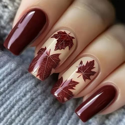 24pcs Maple Leaf Red Medium-Length Press on Nails, Full Cover Coffin Fake Nail, Autumn-Inspired Stick on Nails with Jelly Glue, File & Wooden Stick (Maple Red)