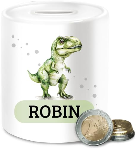 Spardose - Dino mit Name personalisiert I T Rex Geschenk Dinosaurier I Dinogeschenk - Unisize - Weiß - personalisierte Tier Junge Tieren sparbüchse Dinos saurier Dinosaur Dinosaurs