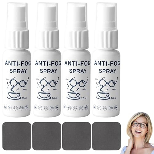 4 Pcs Anti Fog Spray for Glasses, with 4 Cleaning Cloths, Prevents Fog on Swimming Goggles and Eyewear, Quick-Drying Formula for Drivers and Outdoor Activities
