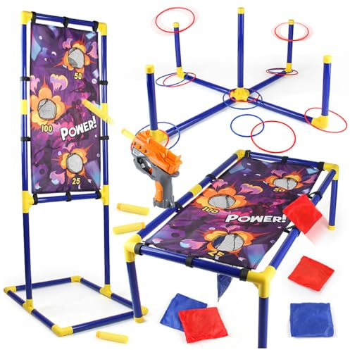 ZUSUZU Spielzeug für Kinder, Spielzeug ab 6 7 8 9 10 11 12 Jahre, 3 in 1 Cornhole & Schießspiele & Ringwurfspiel für Kinder, Outdoor Spiele Geschenk für Familien Jungen und Mädchen