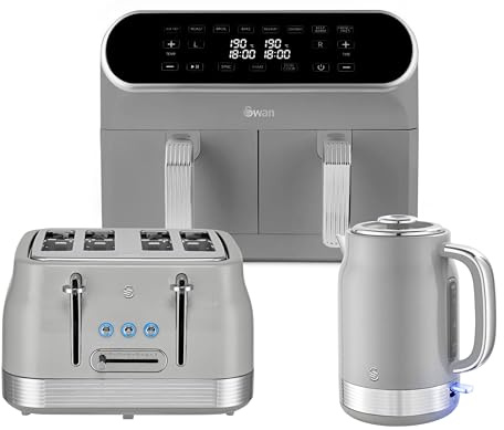 Swan Retro Revive Grey Kitchen Set – 1.7L Rapid Boil Kettle, 4 Slice Toaster & 8L Dual Basket 1700W Air Fryer – Matching Vintage Design with Chrome Accents Bundle Set