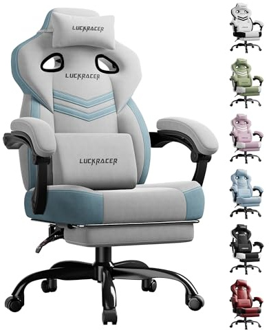 LUCKRACER Gaming Stuhl Stoff, Bürostuhl mit verbundenen Armlehnen, Memory-Schaum-Kissen, 90–155° Neigungswinkel und Fußstütze, strapazierfähigem Funktionsgewebe 150KG, Grau