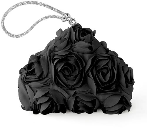 Coucoland Clutch Purses for Women, 3D Rose Flower Evening Handbag with Rhinestone Handle Wristlet Purse for Party Wedding Formal