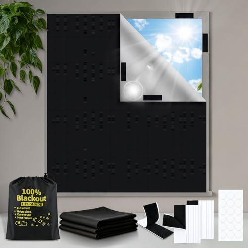 300 x 145cm Blackout Blinds Stick On, 100% Black Out Blinds for Window 420D Oxford Fabric, Portable No Drill Stick On Window Curtain with Hook & Loop Tabs for Travel, Bedroom, Car