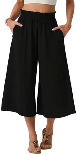 PrinStory Wide Leg Trousers for Women UK Elasticated High Waist Capri Trousers Casual Palazzo Pants Loose Lounge Culottes