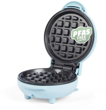Giles & Posner Sorbet Mini-Waffeleisen matt, 11,5 cm Rundplatte | PFAS-freie Antihaftplatten, kompakt 15 x 10,5 x 22,4 cm, in 2 Min. vorgeheizt, mattblau, Waffeln für 1 Person