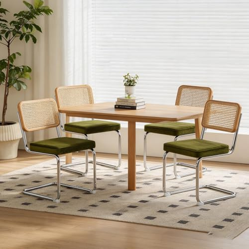 Bladez 4er Set Freischwinger Esszimmerstühle Samt & Rattan – Wiener Geflecht Küchenstühle, Polsterstuhl mit Chromgestell, Mid-Century Cantilever Stühle ，für Esszimmer Wohnzimmer (Grün)