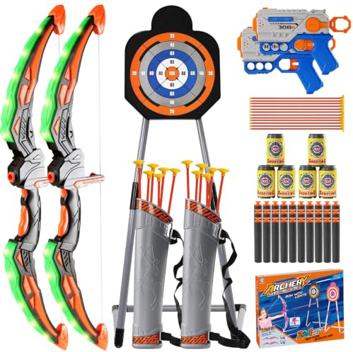 ROCKY&CHAO Arco y flecha para niños, 2 luces LED de tiro con arco, juego con 12 flechas de ventosa, diana de pie, 2 pistolas de juguete, objetivo de lata, juegos al aire libre para niños, regalo para