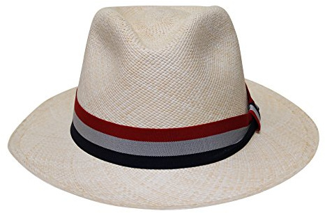 Borges & Scott Teardrop Fedora Panamahut - Natürlichen Faser handgewebt - Viele Farben - Natürlich mit antikem rotem, weißem und blauem Band - 60cm