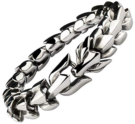 ForFox Pulsera de eslabones de dragon chino de acero inoxidable titanio joyería punk para hombre 15mm 22cm,plateado
