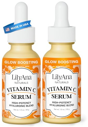 LilyAna Naturals Vitamin C Serum for Face - with Hyaluronic Acid and Vitamin E, Anti Aging Serum, Reduces Age Spots and Sun Damage, Promotes Collagen and Elastin (Double Pack)